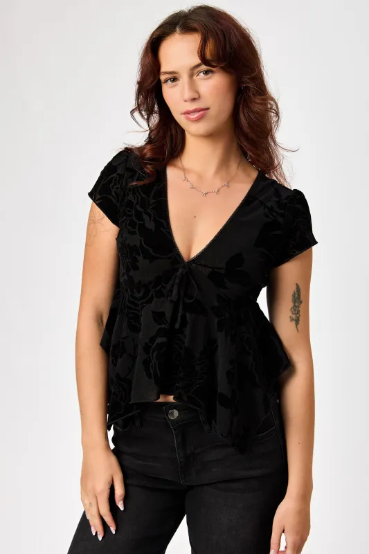 Flocked Floral V-Neck Cap-Sleeve Mesh Handkerchief Top sold by Eclipse