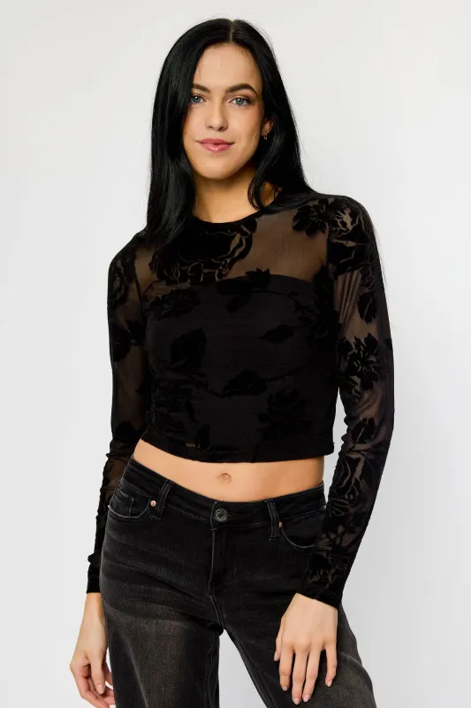 Flocked Floral Crew-Neck Long-Sleeve Cropped Mesh Top sold by Eclipse