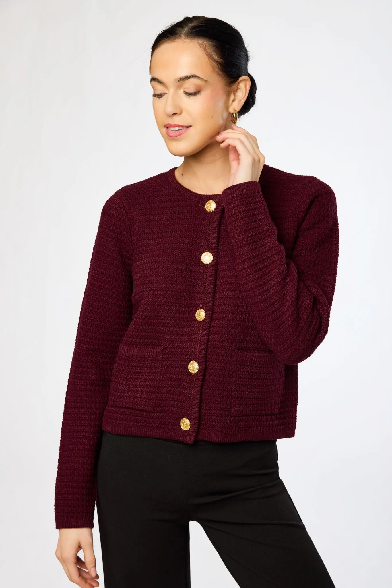 Ribbed Crew-Neck Cardigan with Gold Buttons sold by Eclipse