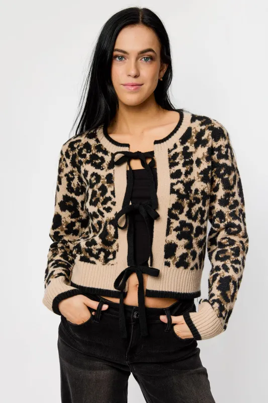 Animal Print Crew-Neck Long-Sleeve Tie-Front Cardigan sold by Eclipse