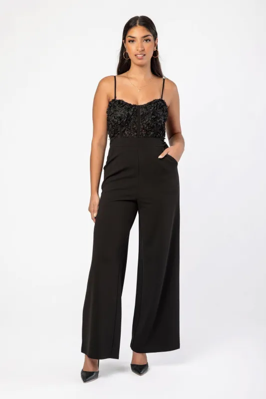 Sweetheart Neckline Spaghetti Strap Jumpsuit with Rosette Corset Bodice sold by Eclipse