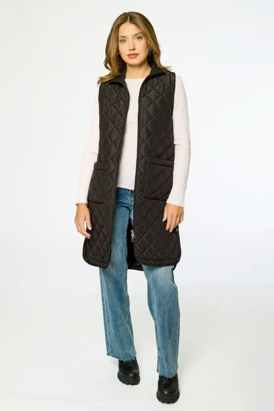 Diamond Quilted Long Puffer Vest with Ribbed Collar sold by Eclipse