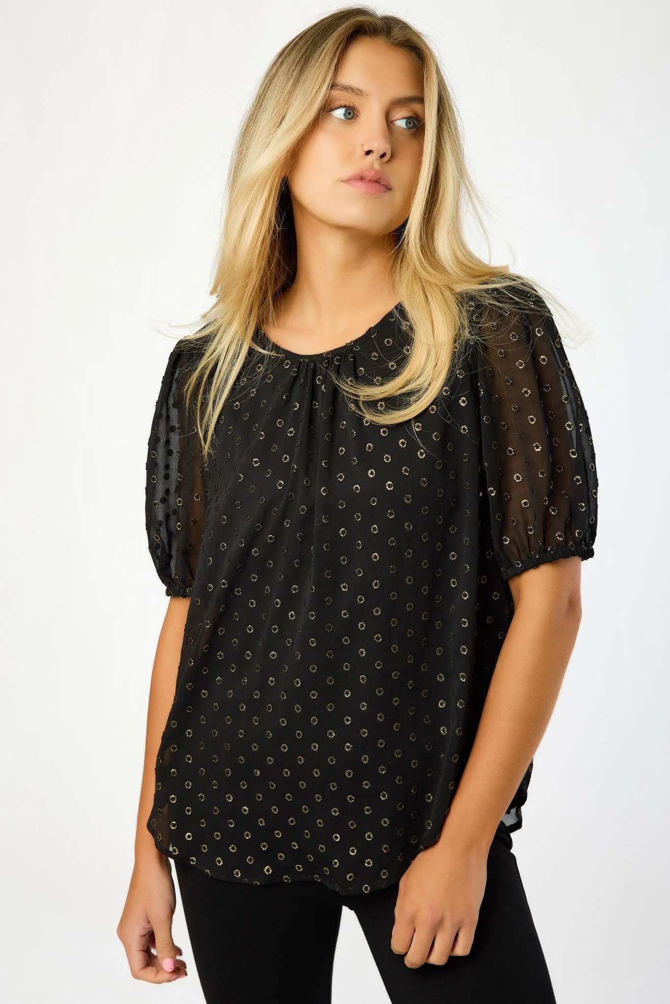 Textured Foil Dot Puff-Sleeve Blouse sold by Eclipse