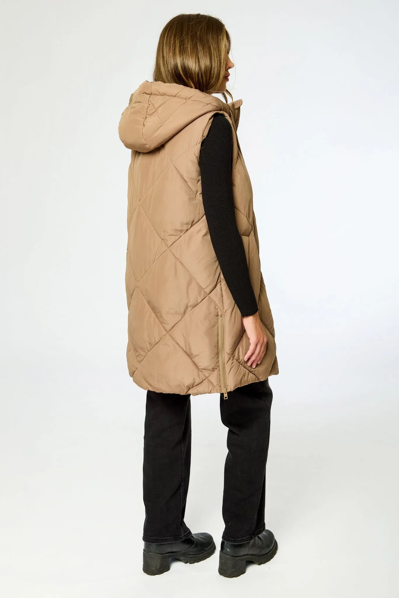 Diamond Quilted Long Puffer Vest with Hood and Side Zippers sold by Eclipse product image thumbnail 2