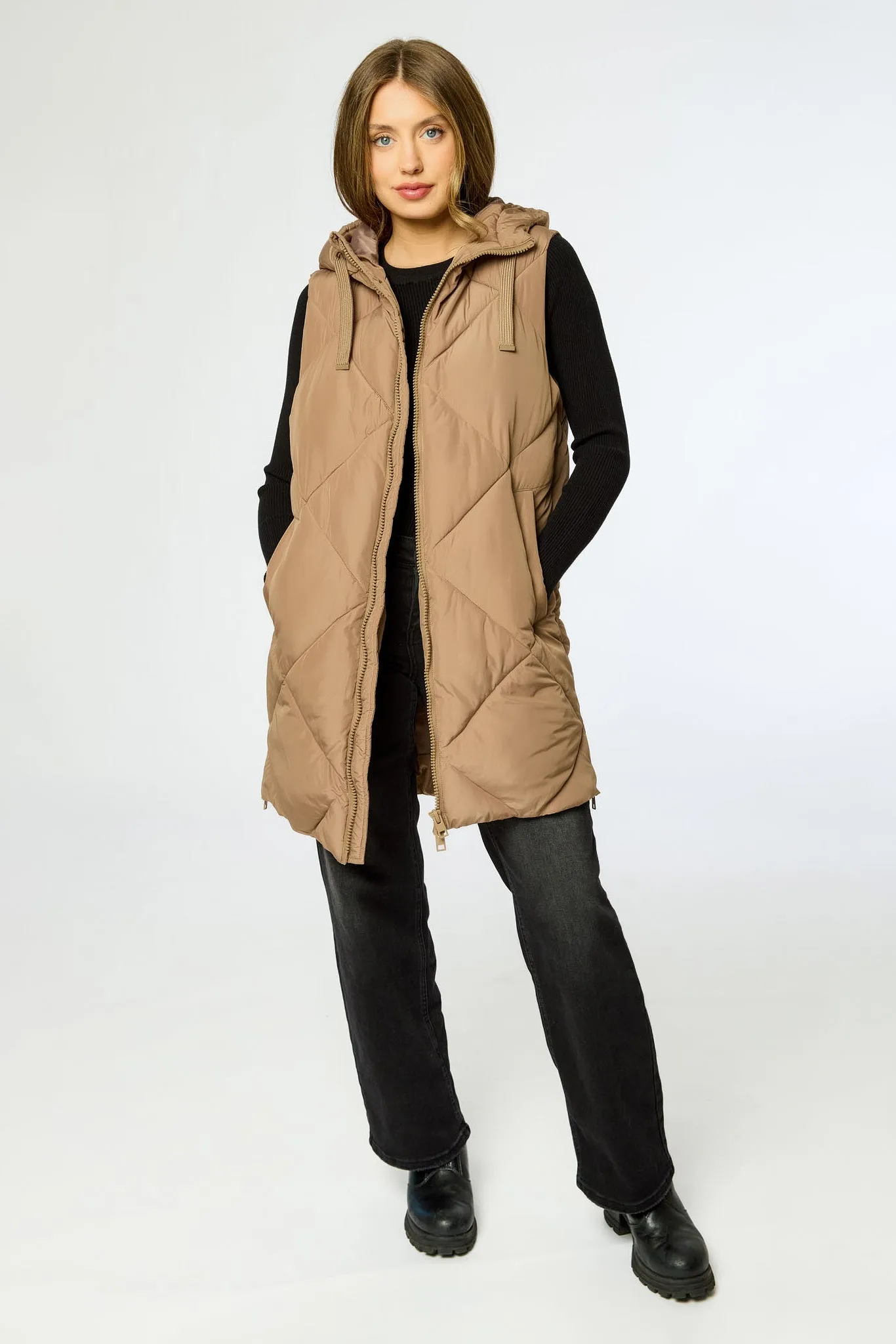 Diamond Quilted Long Puffer Vest with Hood and Side Zippers sold by Eclipse