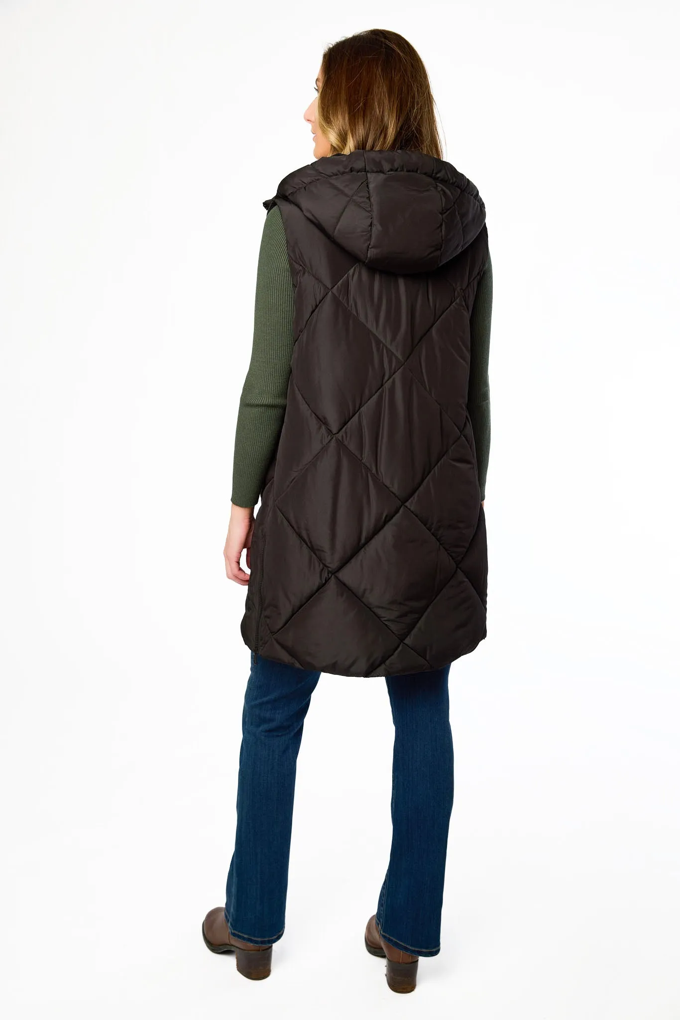Diamond Quilted Long Puffer Vest with Hood and Side Zippers sold by Eclipse product image thumbnail 4
