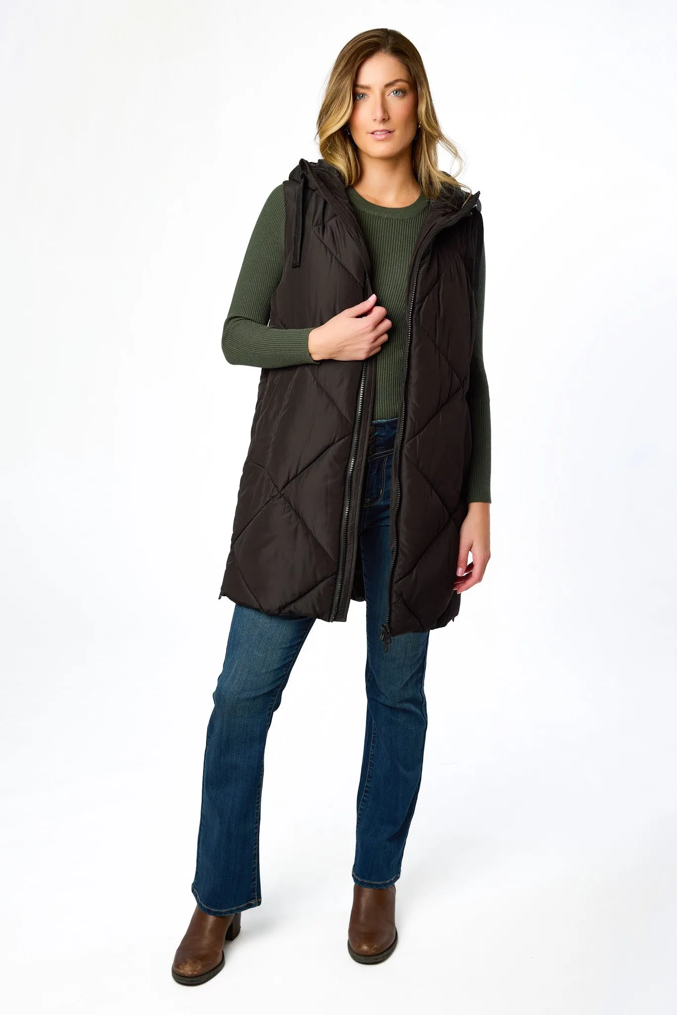 Diamond Quilted Long Puffer Vest with Hood and Side Zippers sold by Eclipse product image thumbnail 3