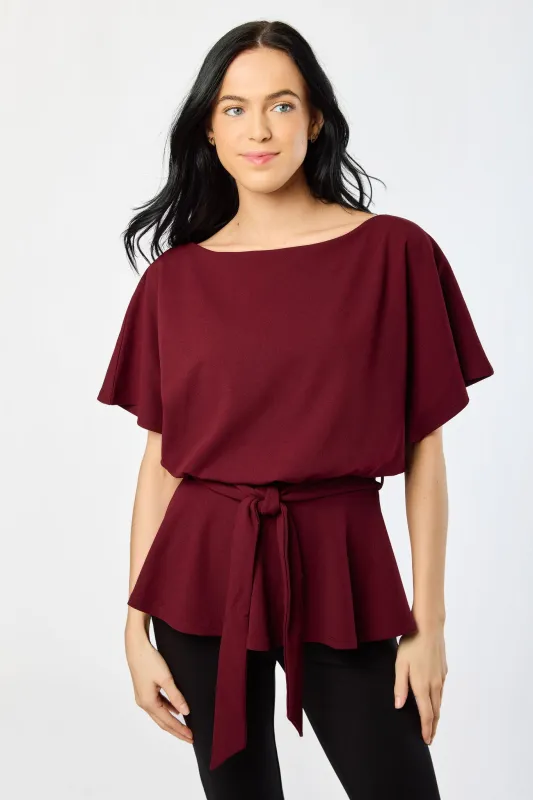 Stretch Crepe Batwing Peplum Top with Tie-Belt made by Eclipse