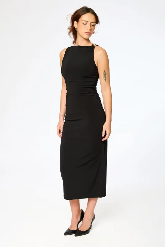 Ruched Sleeveless Midi Dress with Hardware Detail sold by Eclipse