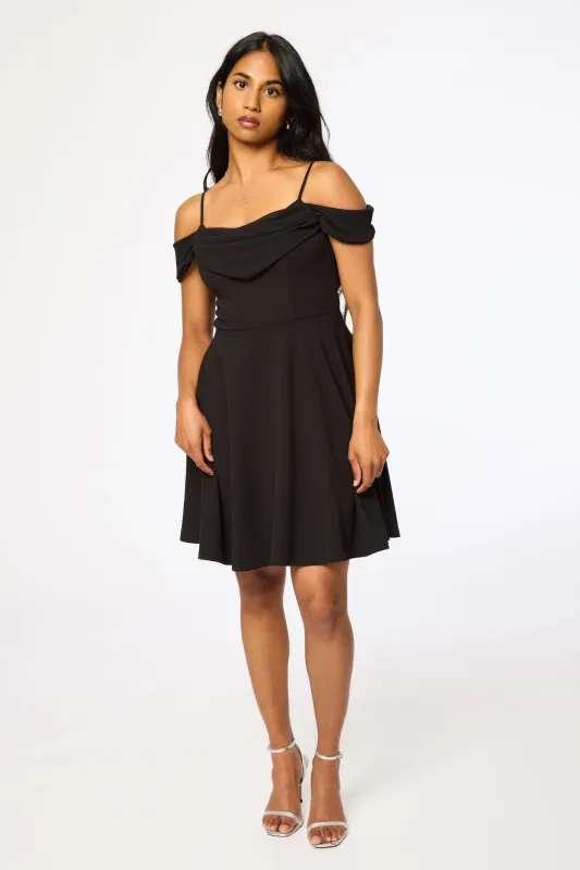 Stretch Crepe Off-The-Shoulder Skater Dress with Chiffon Trim sold by Eclipse