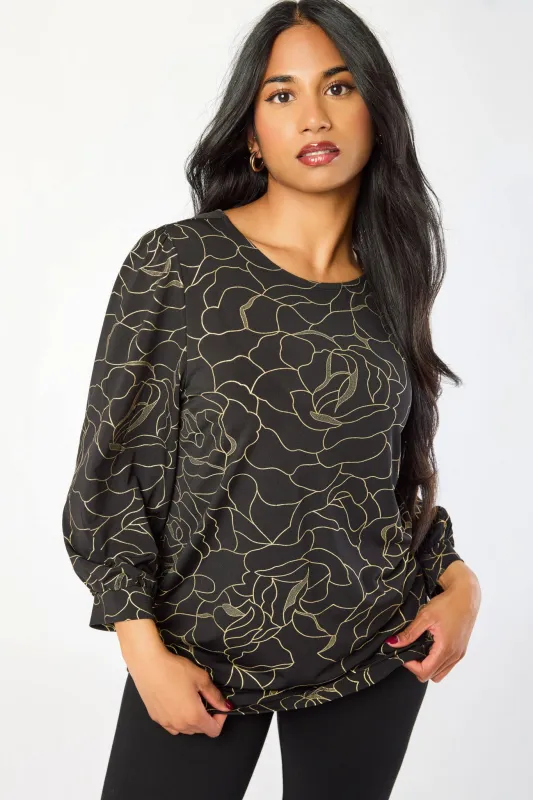 Crew-Neck Balloon 3/4 Sleeve Floral Foil Top with Shirttail Hem sold by Eclipse