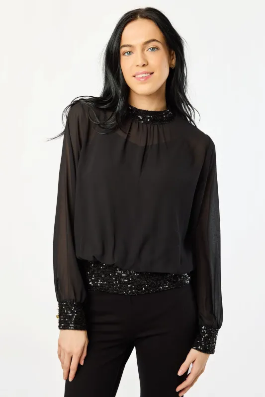 Chiffon Mock-Neck Balloon-Sleeve Blouse with Built-in Cami and Sequin Details sold by Eclipse