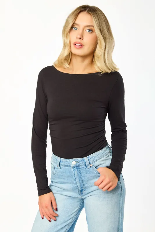 Boatneck Long Sleeve Tee with Ruched Waist sold by Eclipse