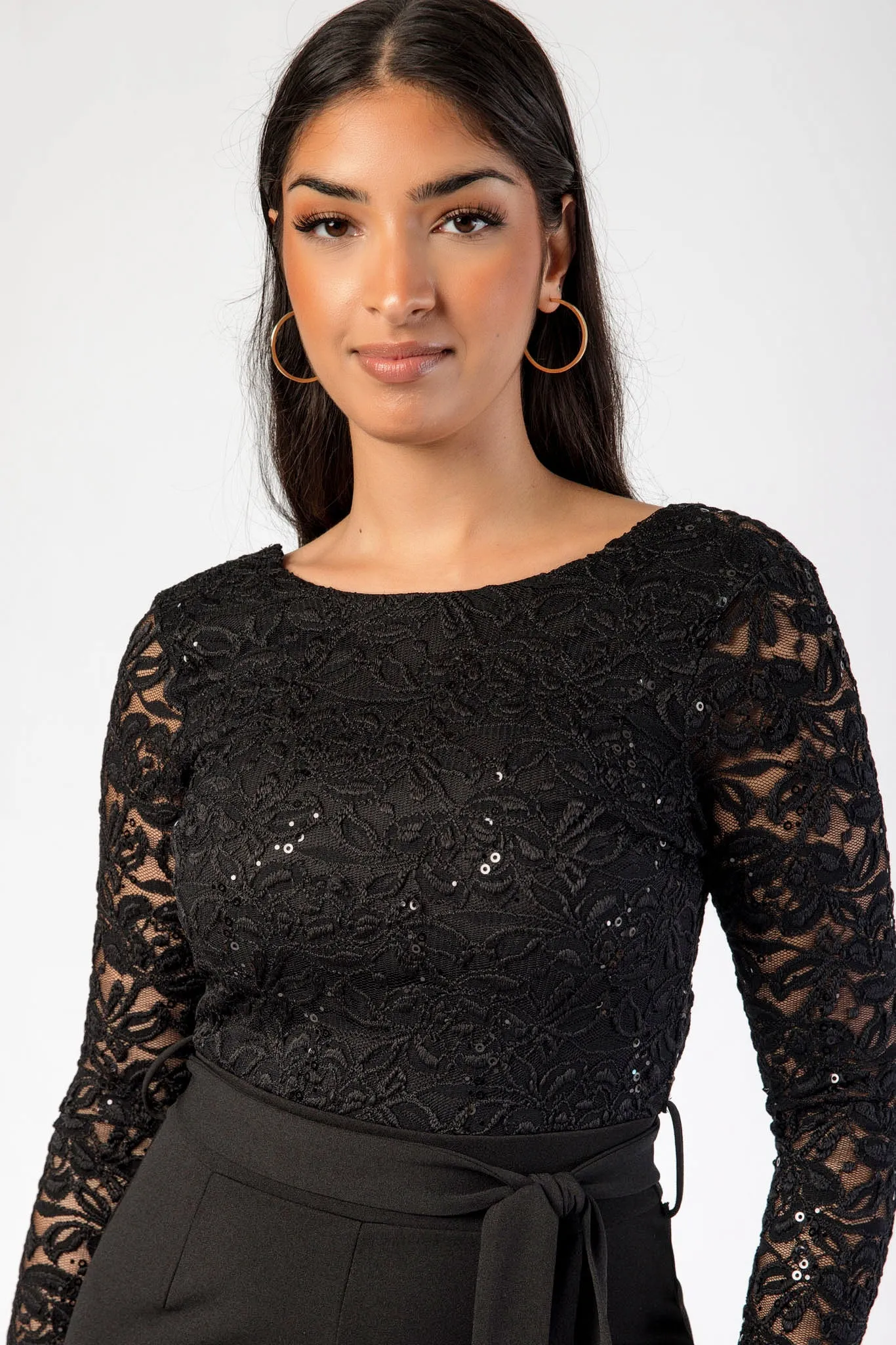 Sequin Crew-Neck Long-Sleeve Lace Jumpsuit with Tie-Belt sold by Eclipse product image thumbnail 3