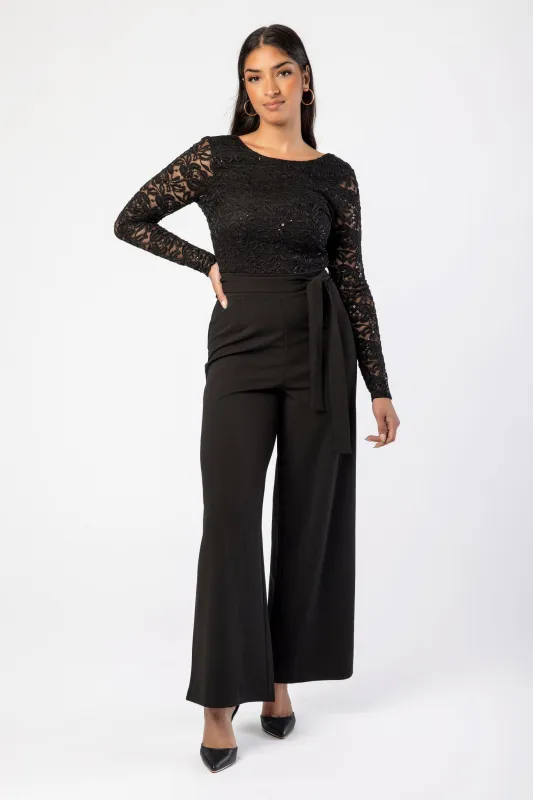 Sequin Crew-Neck Long-Sleeve Lace Jumpsuit with Tie-Belt sold by Eclipse