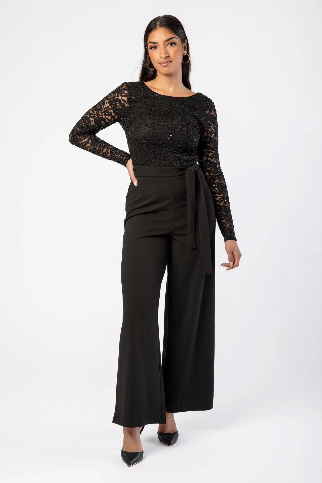 Sequin Crew-Neck Long-Sleeve Lace Jumpsuit with Tie-Belt sold by Eclipse