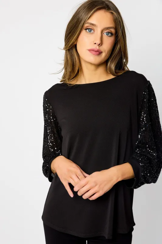 Crepe Crew-Neck Top with Sequin Balloon Sleeves sold by Eclipse