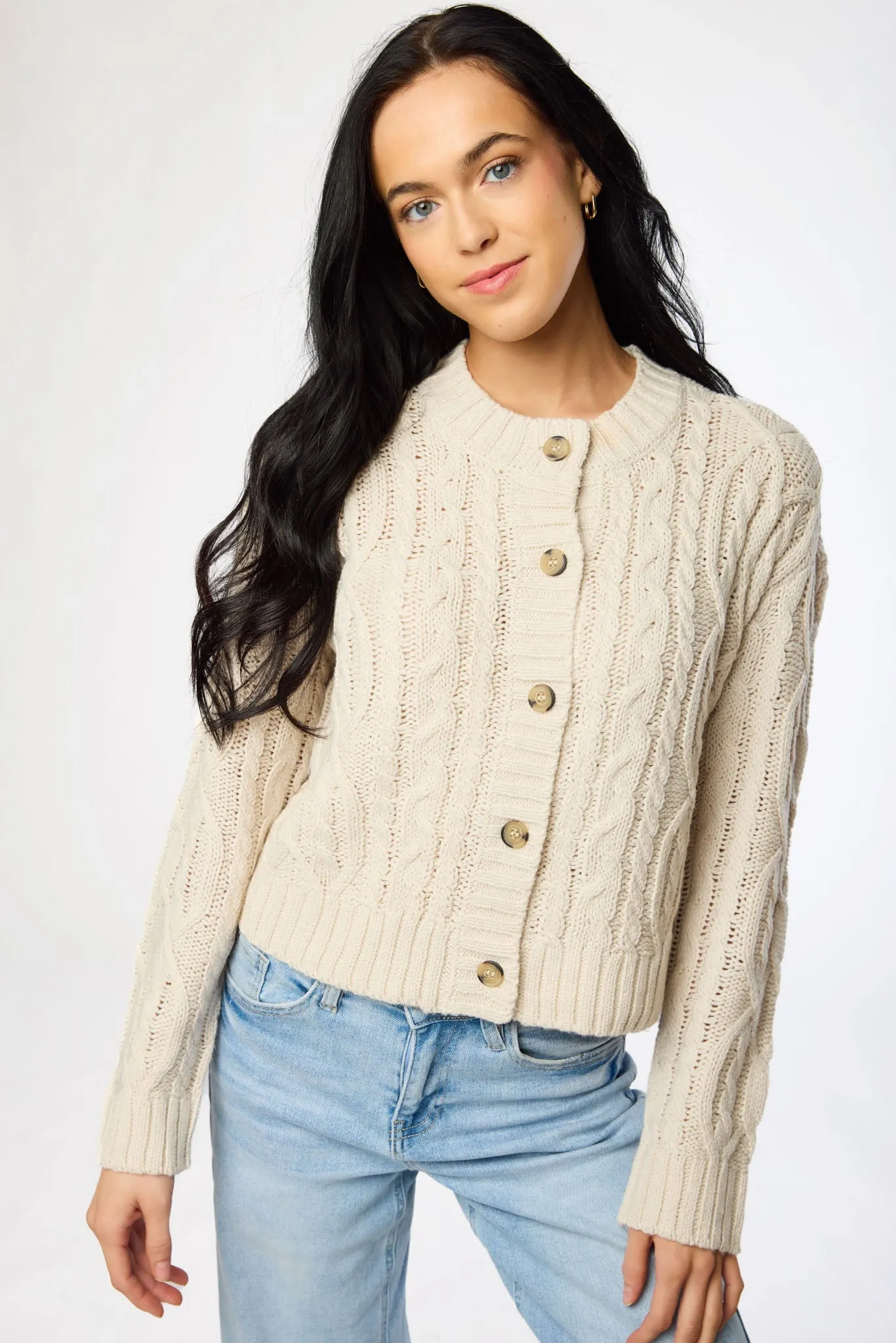 Crew-Neck Long-Sleeve Button-Front Cable-Knit Cardigan sold by Eclipse product image thumbnail 3