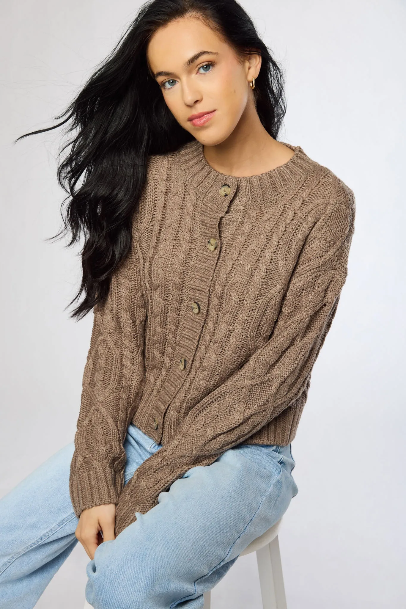 Crew-Neck Long-Sleeve Button-Front Cable-Knit Cardigan sold by Eclipse product image thumbnail 4