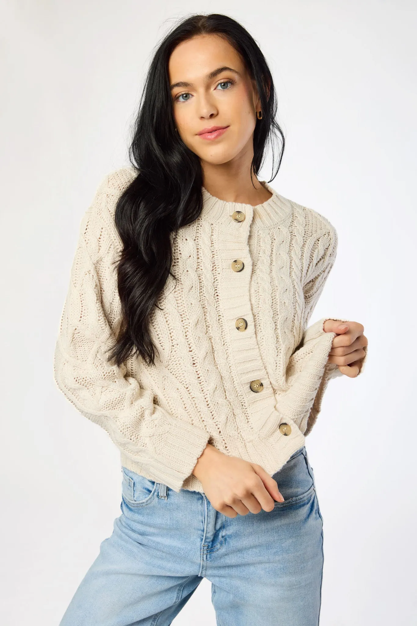 Crew-Neck Long-Sleeve Button-Front Cable-Knit Cardigan sold by Eclipse