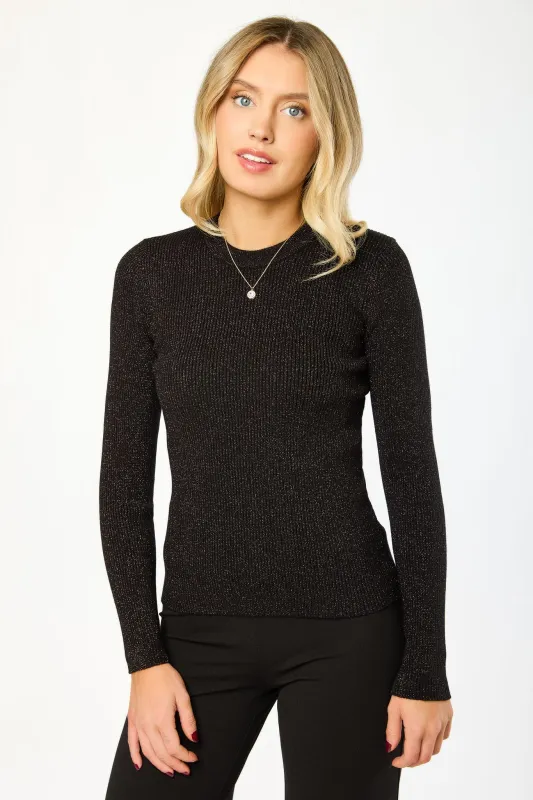 Metallic Ribbed Long-Sleeve Crew-Neck Top made by Eclipse