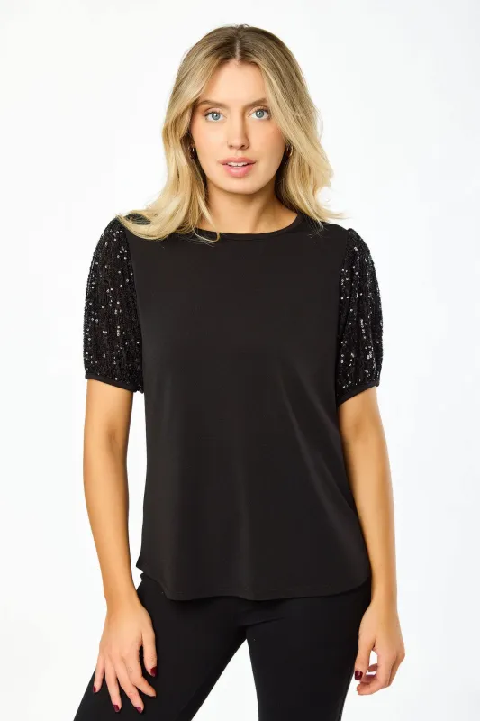 Crew-Neck Sequin Puff-Sleeve Knit Crepe Top sold by Eclipse