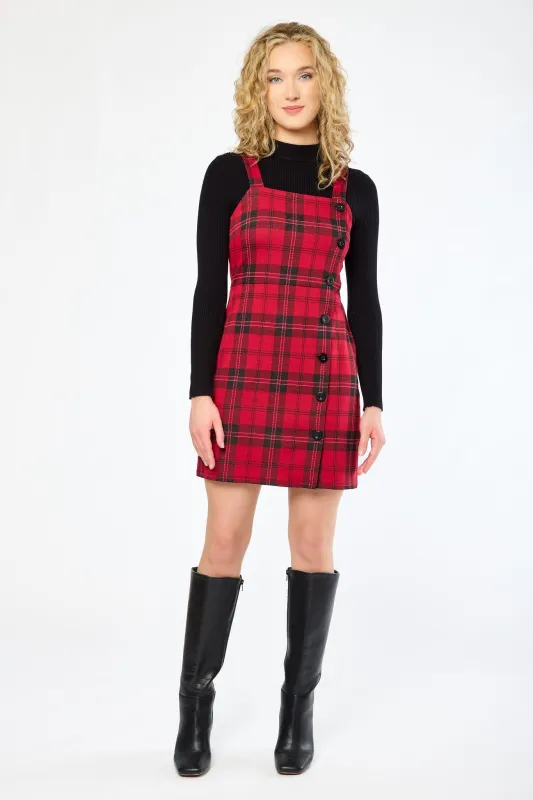Mackenzie Plaid Jacquard Square-Neck Jumper Dress with Asymmetrical Buttons sold by Eclipse