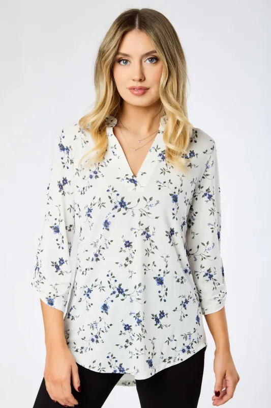 Small Floral V-Neck 1/2 Plaquet Roll-Tab Shirt sold by Eclipse