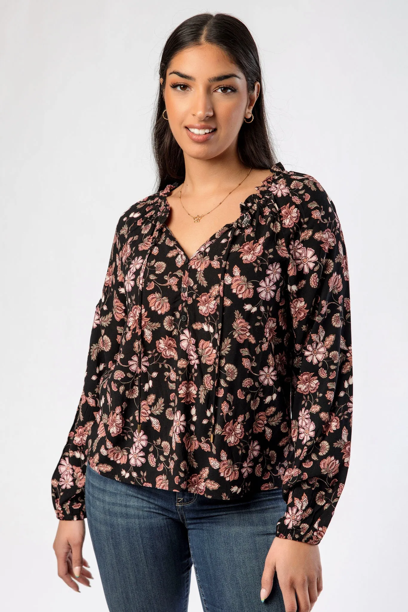 Floral V-Neck Long Sleeve Blouse with Tie Detail sold by Eclipse