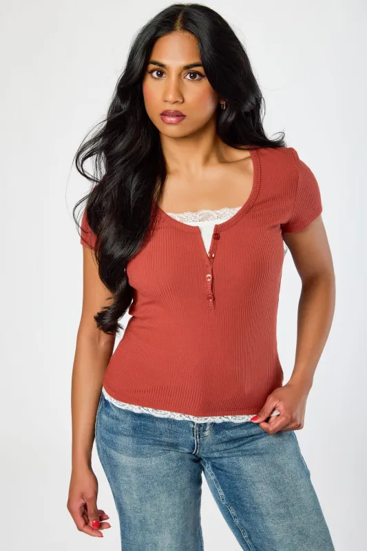 Ribbed Lace-Trim Henley Top made by Eclipse
