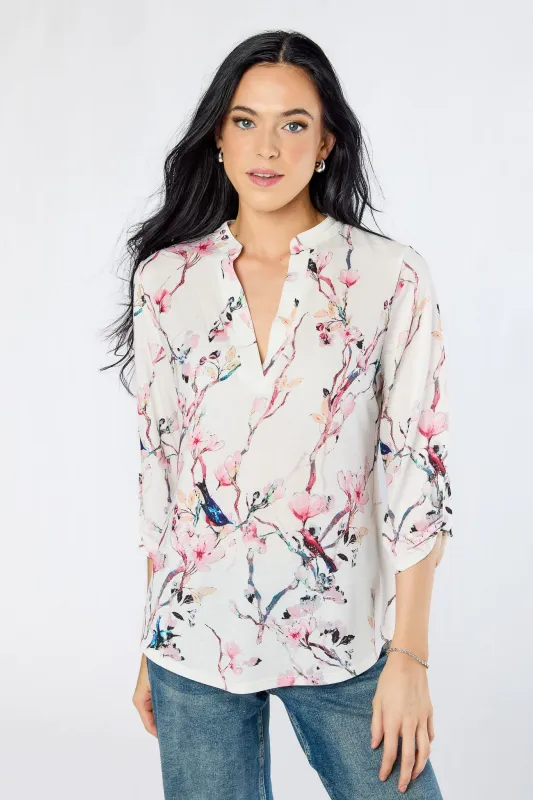 Bulgari Floral & Bird Roll-Tab Blouse made by Eclipse