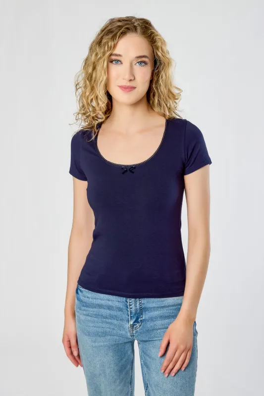 Scoop-Neck Cap-Sleeve Tee with Lace Trim and Bow made by Eclipse