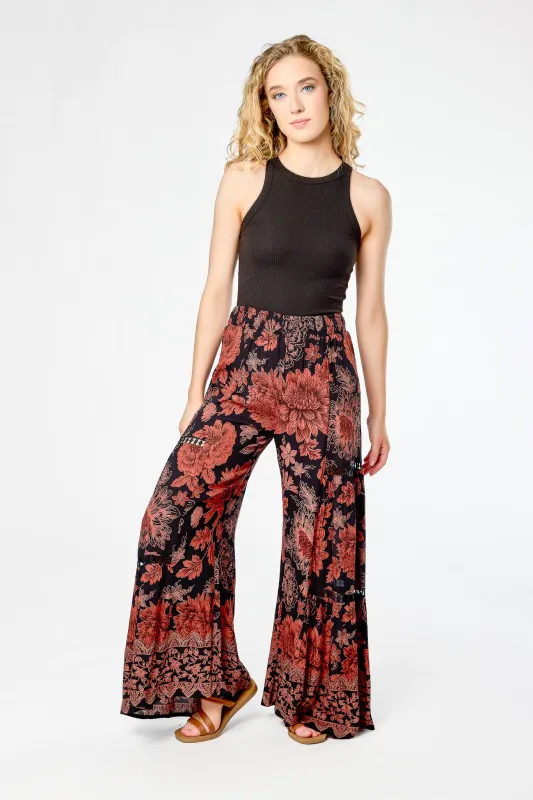 Boho Floral Tiered Wide-Leg Pant with Crochet Inserts sold by Eclipse
