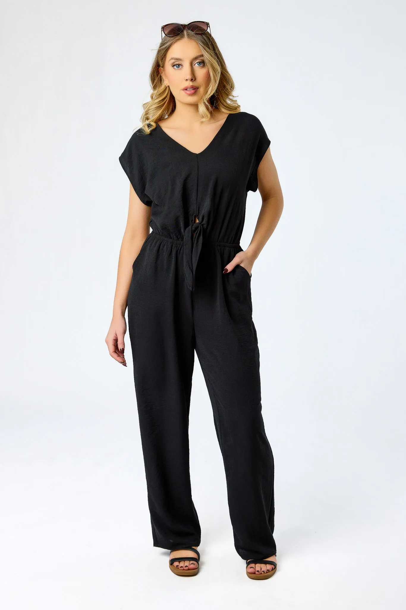 Airflow Dolman Sleeve V-Neck Tie-Front Jumpsuit sold by Eclipse