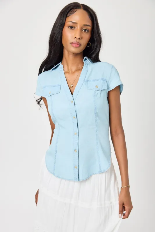 Light Blue Lyocell Cap-Sleeve Fitted Shirt made by Eclipse
