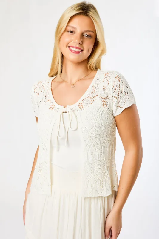 Pointelle Short-Sleeve Cardigan with Tie-Front made by Eclipse