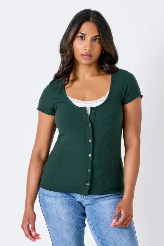 Ribbed Lace-Trim Button Tee made by Eclipse