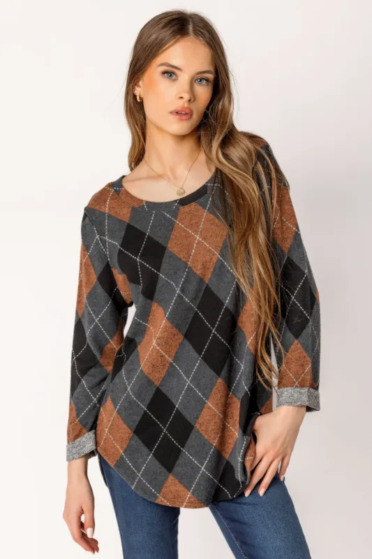 Argyle Print 3/4 Sleeve Scoopneck Supersoft Sweater sold by Eclipse