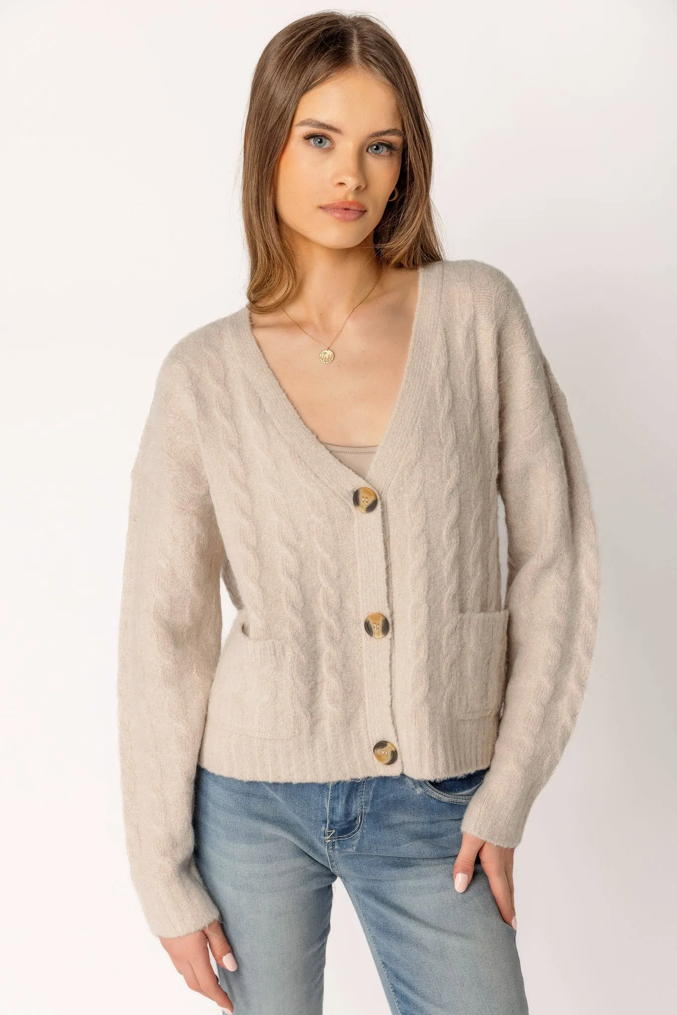 Long-Sleeve Buttoned V-Neck Cable Cardigan sold by Eclipse product image thumbnail 4