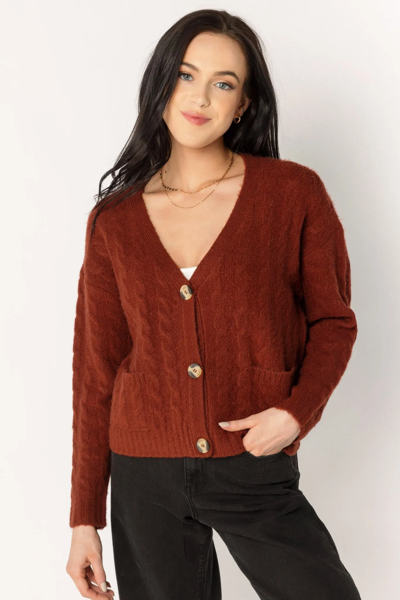 Long-Sleeve Buttoned V-Neck Cable Cardigan sold by Eclipse