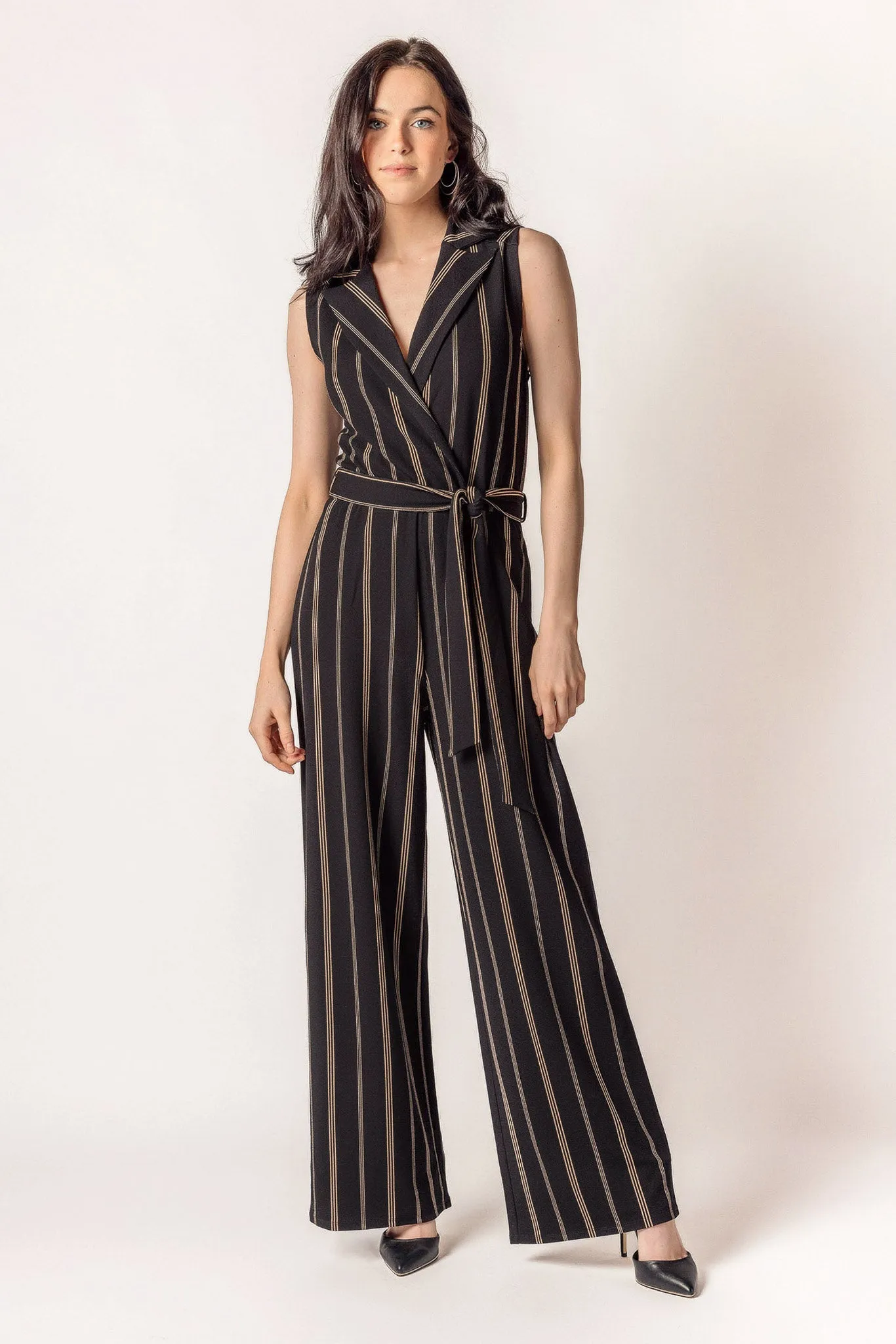 Stripe Sleeveless Blazer Jumpsuit with Tie-Belt sold by Eclipse
