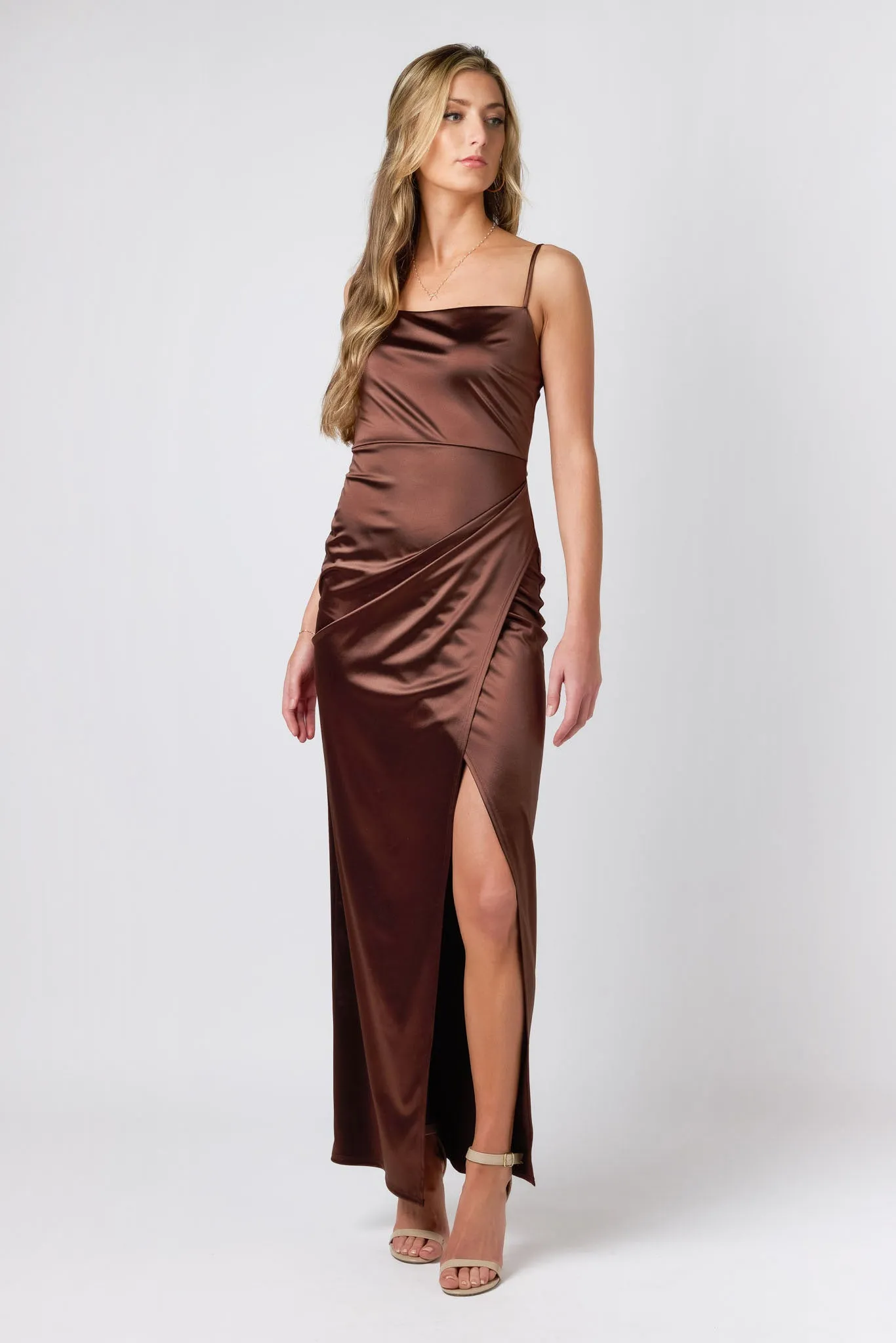 Stretch Satin Spaghetti Strap Maxi Dress with Crossover Skirt sold by Eclipse product image thumbnail 4