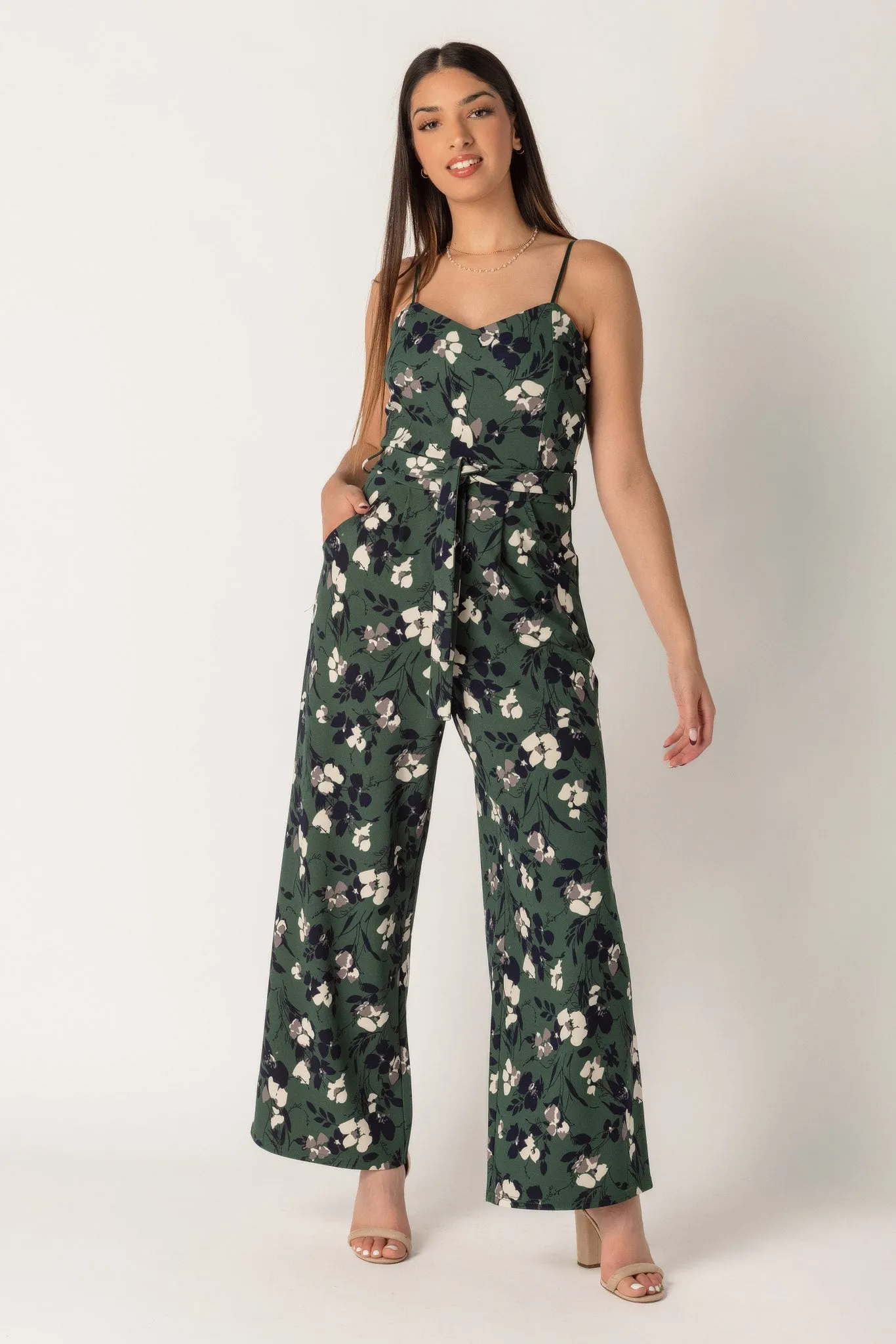 Floral Spaghetti Strap Jumpsuit with Tie-Belt sold by Eclipse