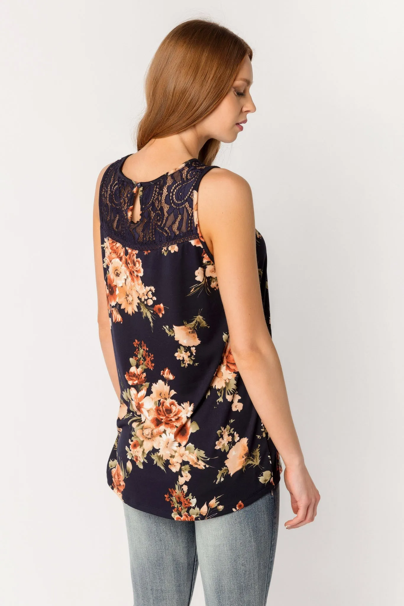 Navy Floral Sleeveless Top with Lace Trim sold by Eclipse product image thumbnail 2