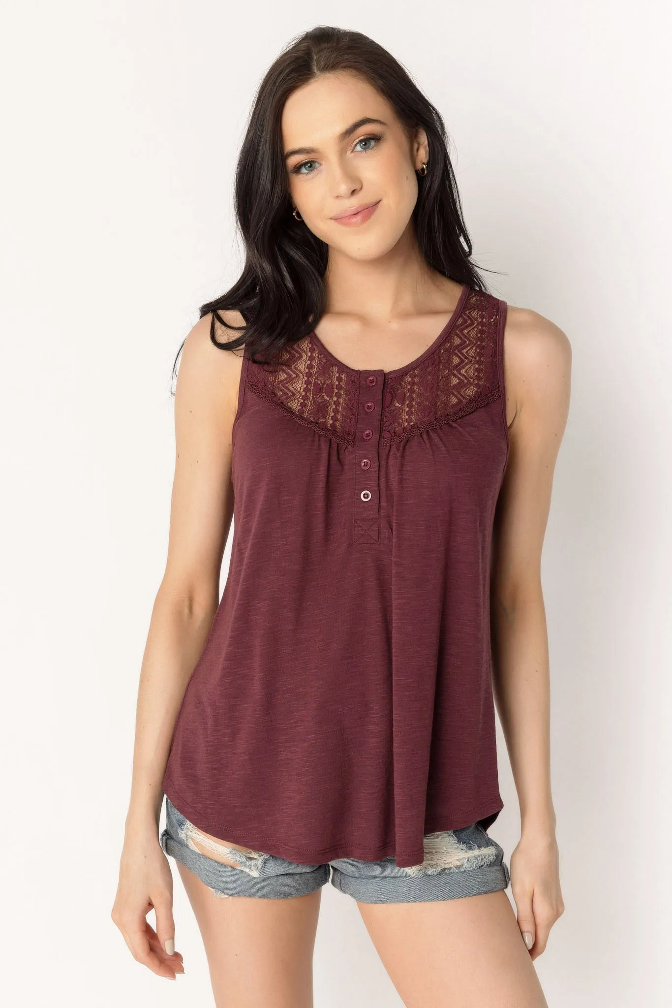 Slub Henley Tank with Lace Trim sold by Eclipse