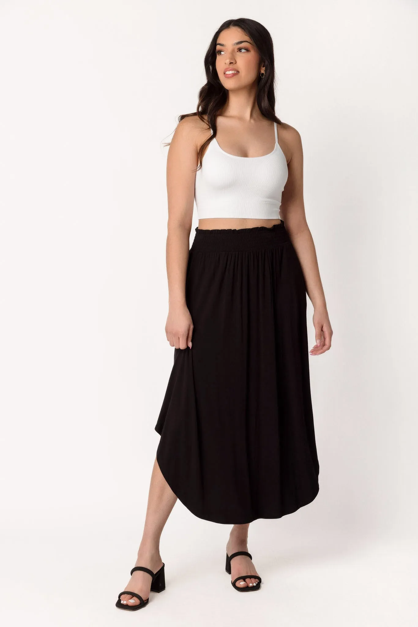 Maxi Skirt with Smocked Waistband and Shirttail Hem sold by Eclipse