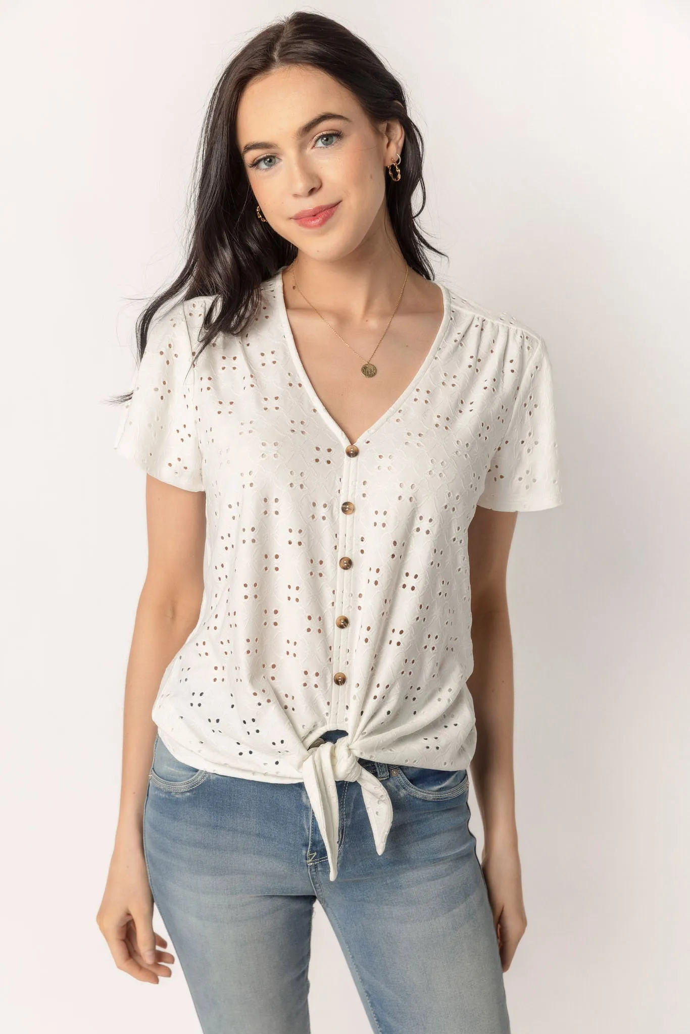 Eyelet Short Sleeve Tie-Front Top sold by Eclipse