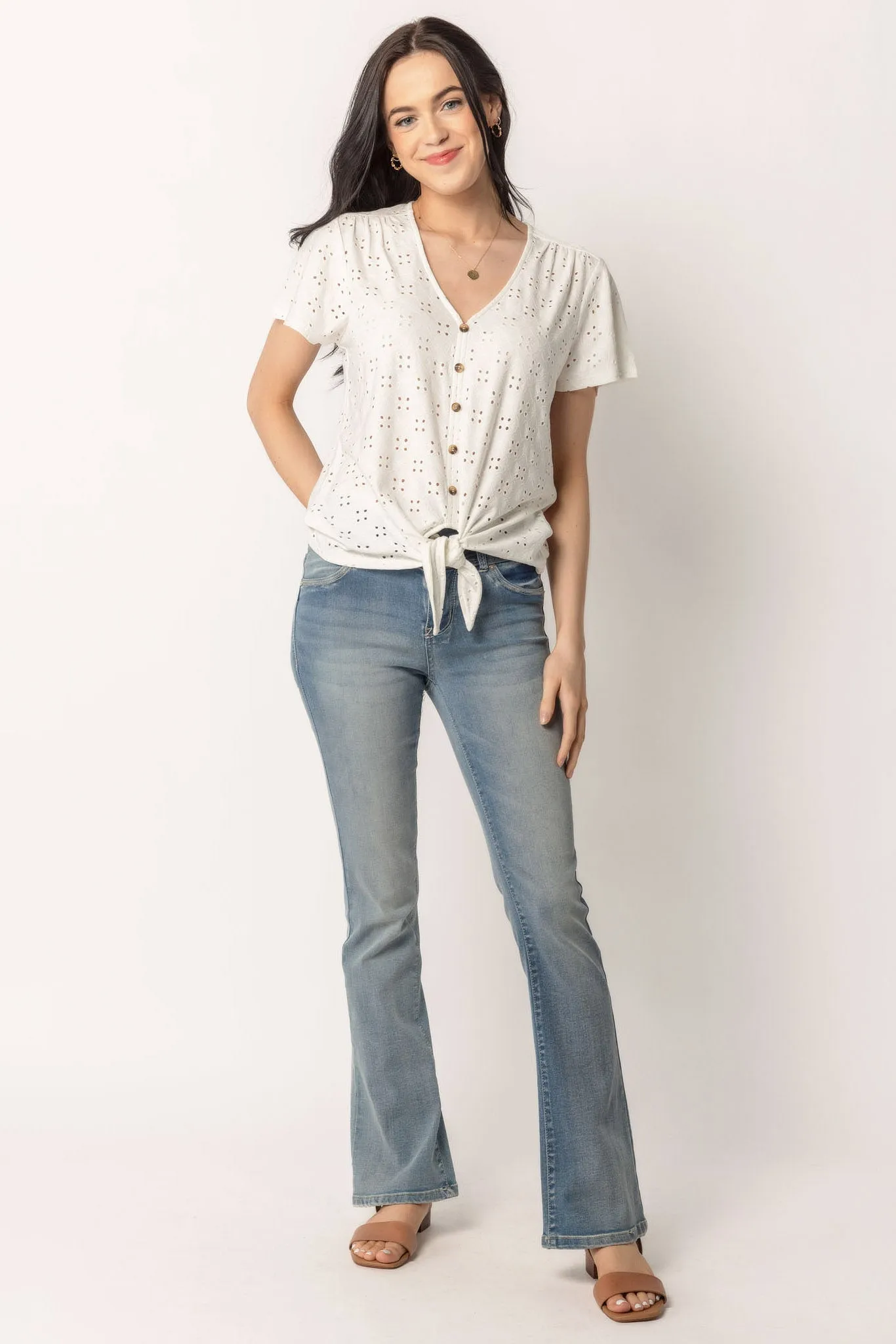 Eyelet Short Sleeve Tie-Front Top sold by Eclipse product image thumbnail 3