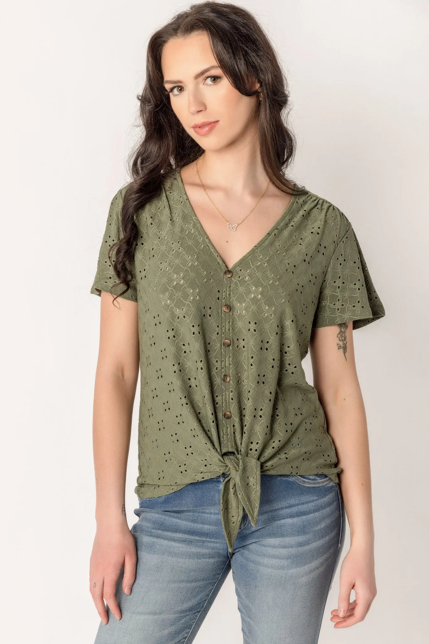 Eyelet Short Sleeve Tie-Front Top sold by Eclipse product image thumbnail 5