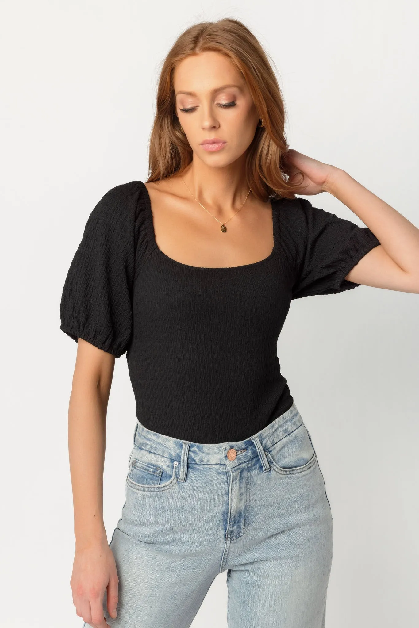 Textured Puff Sleeve Bodysuit with Tie-Back sold by Eclipse product image thumbnail 2